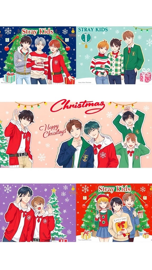 Aesthetic Christmas wallpapers of Stray Kids with festive decorations and holiday themes.
